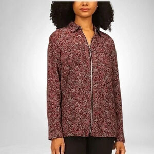 MICHAEL Michael Kors Women's Pop Paisley Zip-Front Top w/roll button sleeves PXS